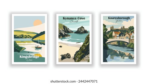 Kingsbridge, Devon. Knaresborough, Yorkshire. Kynance Cove, Cornwall - Set of 3 Vintage Travel Posters. Vector illustration. High Quality Prints