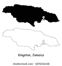 Kingston Jamaica. Detailed Country Map with Location Pin on Capital City. Black silhouette and outline maps isolated on white background. EPS Vector