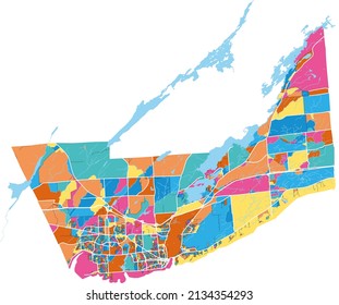 Kingston, Ontario, Canada Colorful High Resolution Vector Art Map With City Boundaries. White Outlines For Main Roads. Many Details. Blue Shapes For Water. 