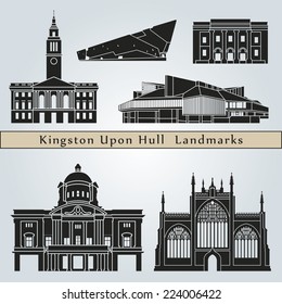 Kingston Upon Hull landmarks and monuments isolated on blue background in editable vector file