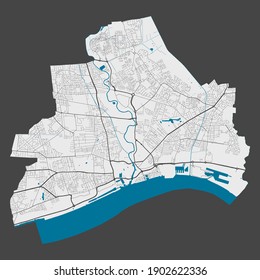 Kingston upon Hull map. Detailed map of Kingston upon Hull city administrative area. Cityscape panorama. Royalty free vector illustration. Outline map with highways, streets, rivers.