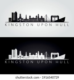 Kingston Upon Hull skyline and landmarks silhouette, black and white design, vector illustration.