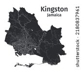 Kingston vector map. Detailed vector map of Kingston city administrative area. Cityscape poster metropolitan aria view. Black land with white streets, roads and avenues. White background.