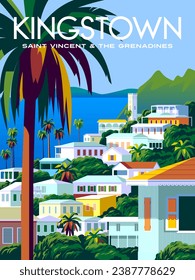 Kingstown travel poster. Tropical Island cityscape with traditional houses, palms and green trees in the background. Handmade drawing vector illustration.