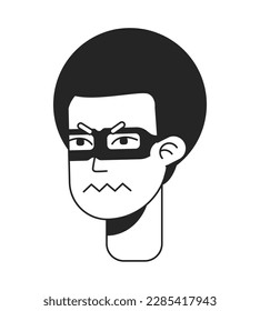 Kinky haired gang member feeling angry monochromatic flat vector character head. Black white avatar icon. Editable cartoon portrait. Lineart ink spot illustration for web graphic design, animation