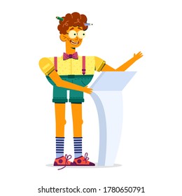 Kinky teen boy in suspender shorts says. Teenager geek speaks from the pulpit and laughs