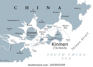 Kinmen, also known as Quemoy, gray political map. Group of islands governed as county by Taiwan, the Republic of China, east from the city of Xiamen, located at the southeastern coast of China, PRC.