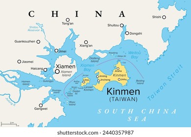 Kinmen, also known as Quemoy, political map. Group of islands governed as county by Taiwan, Republic of China, only 10 km east from the city of Xiamen, located at the southeastern coast of China, PRC.