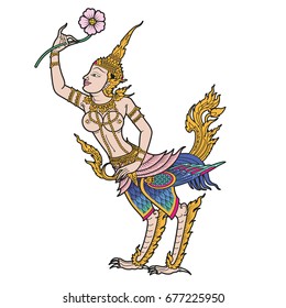 Kinnaree character design styles, Mythical Thai woman bird, Traditional Thai Symbol, Blue background, Vector illustration