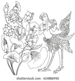 Kinnaree Garden. Mythological Thai Woman bird. Magic Thai Symbol Woman Bird.