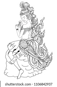 Kinnaree lady tattoo.Thai pattern and Ancient art Young lady with flower.beautiful Thai girl doodle art and coloring book Line Thai style.Line art for Thailand tattoo design.