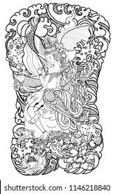 Kinnaree is Thai fairy tail with flower  tattoo design.Thai buddhism and Animal of Himmapan forest in smoke and cloud vector.Thai beta fish with peony flower coloring book tattoo background.