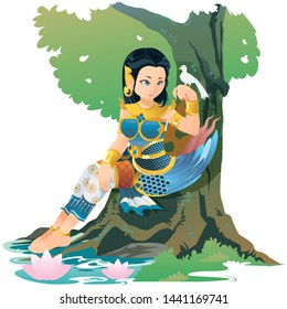Kinnari  mythical creature from Southeast Asia. The top of it is human but it has got wings and feathered tail. It was believed that Kinnari lives in Himavanta Forest.