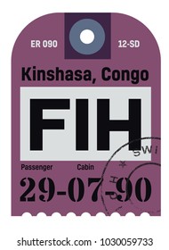 Kinshasa airport luggage tag. Realistic looking tag with stamp and information written by hand. Design element for creative professionals.