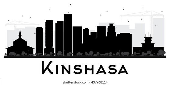 Kinshasa City skyline black and white silhouette. Vector illustration. Simple flat concept for tourism presentation, banner, placard or web site. Business travel concept. Cityscape with landmarks