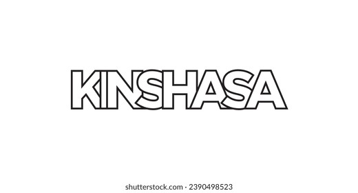 Kinshasa im Kongo Emblem für Druck und Web. Das Design zeichnet sich durch geometrischen Stil, Vektorgrafik mit gewagter Typografie in moderner Schrift aus. Grafische Slogan-Schrift einzeln auf weißem Hintergrund.