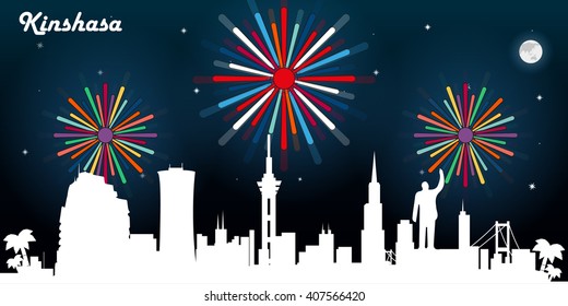 Kinshasa Congo skyline silhouette, dark night sky with fireworks vector design