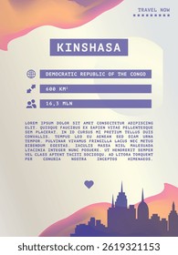 Kinshasa, Congo vector infographics, brochure layout. Guide, leaflet, flyer, advertising graphic template with text, information, city skyline shape. Page, festival, cover mock up image
