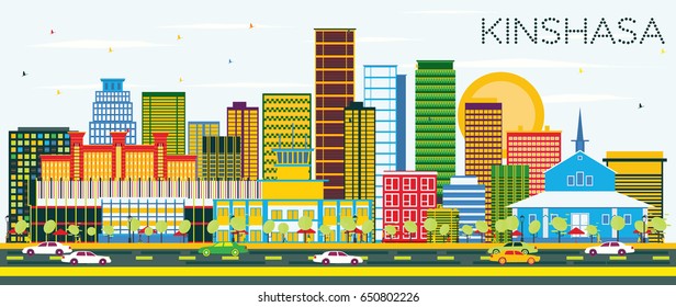 Kinshasa Skyline with Color Buildings and Blue Sky. Vector Illustration. Business Travel and Tourism Concept with Modern Architecture. Image for Presentation Banner Placard and Web Site.