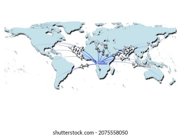 Kinshasa-Congo (Kinshasa) in concept vector illustration, map showing flights from Kinshasa-Congo (Kinshasa) to major cities around the world.