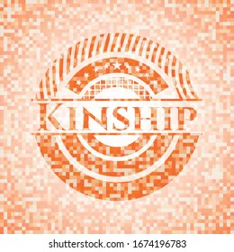 Kinship orange tile background illustration. Square geometric mosaic seamless pattern with emblem inside.