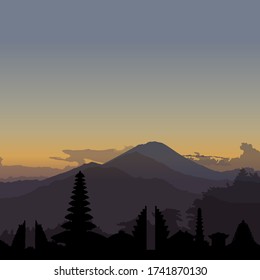 Kintamani, Bali. Vector sunrise illustration with skyline