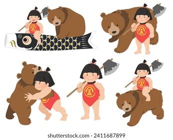 Kintaro and bear set illustration