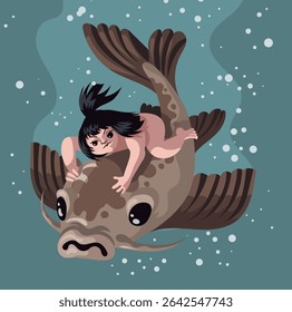 kintaro garoto herói folclore japonês lutando contra um peixe