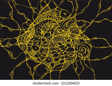 Kintsugi Art Drawing Mindfulness  Connection Neurons Illustration Black and Gold Colors