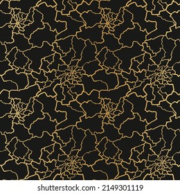 kintsugi art seamless pattern with gold thin lines and abstract shards on dark luxury background.