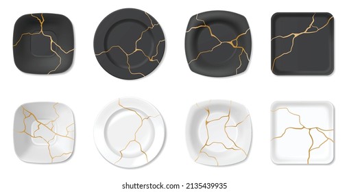 Kintæ, placas rotas con grietas doradas, arte japonés de reparación. Reparando cerámica raqueada con oro, conjunto vectorial de placa de patrón de mármol. Vajilla en blanco y negro de diferentes formas