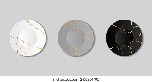 Kintsugi, platos rotos con grietas doradas, arte japonés de reparación. Reparación de cerámica agrietada con oro, mármol patrón placa Vector conjunto. Vajilla negra, gris y blanca de diferentes Formas