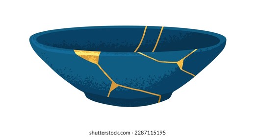 Kintsugi ceramic bowl. Chinese Asian pottery, dish of broken marble design with gold lines. Repaired reborn vessel in China technique, style. Flat vector illustration isolated on white background