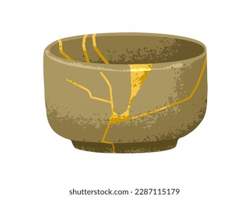 Kintæ, cacerola de cerámica renacida con líneas de oro. Cerámica asiática china, plato roto, reparado en China, técnica de mosaico dorado de Japón, estilo. Ilustración vectorial plana aislada en fondo blanco