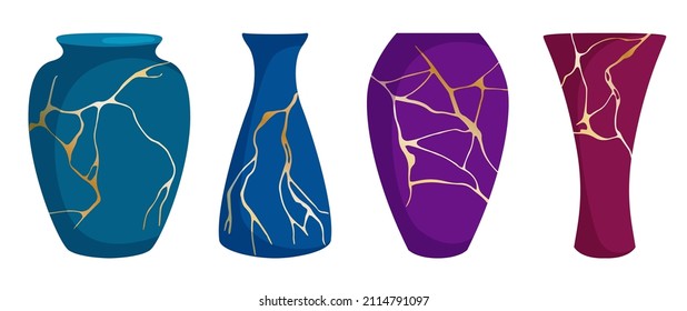 Kintsugi Ceramic Vases Collection. Japanese Art Of Repairing Broken Pottery Gold Patterns On Ceramic Vases. Colored Ceramics Vase Objects, Antique Pottery Cups. Gold Kintsugi Vector Patterns.