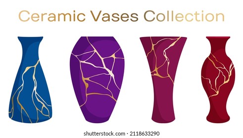 Kintsugi Ceramic Vases Collection. Japanese Art Of Repairing Broken Pottery Gold Patterns On Ceramic Vases. Blue Purple Red Ceramic Vase Objects, Antique Pottery Cups. Gold Kintsugi Vector Patterns.