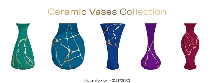 Kintsugi Ceramic Vases Collection. Japanese Art Of Repairing Broken Pottery Gold Patterns On Ceramic Vases. Blue Purple Red Teal Ceramic Vase Objects, Modern Pottery. Gold Kintsugi Vector Patterns.