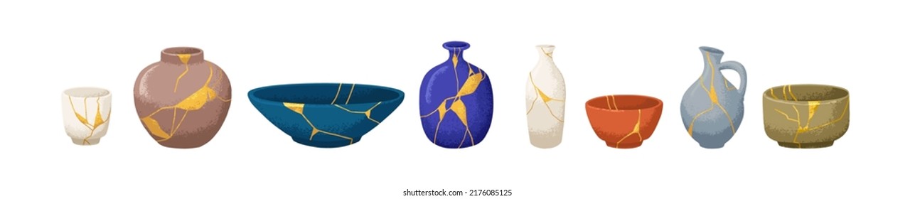 Kintsugi ceramics. Reborn pottery from broken tableware, repaired with gold line patterns. Vintage Japanese vases, bowls set. Colored flat graphic vector illustrations isolated on white background