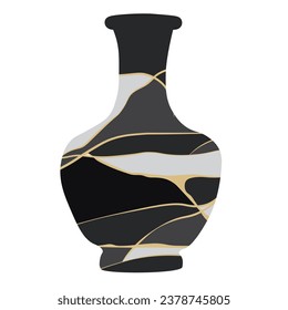 Kintsugi ceramics vase. vector illustration. Reborn pottery from broken tableware, repaired with gold line patterns. Vintage Japanese vase. Colored flat graphic.  isolated on white background