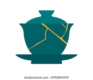 Kintsugi. Chinese tea bowl with golden cracks. Japanese philosophy and antique art of repairing. Minimalist abstract silhouette of handmade pottery. Simple and quiet vector illustration