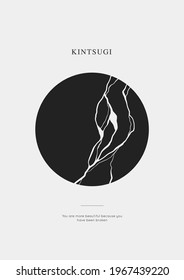 Kintsugi circle crack poster with motivation phrase. Japanese art of repairing broken pottery. Asian philosophy for repairing broken things. Minimal print design for home decoration.