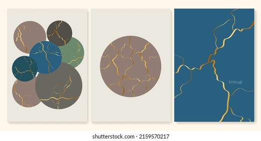 Kintsugi gold crack aesthetic vector background. Abstract marble stone with elegant japanese texture. Kintsukuroi illustration. Minimal decorative poster with broken surface. Set of fracture print