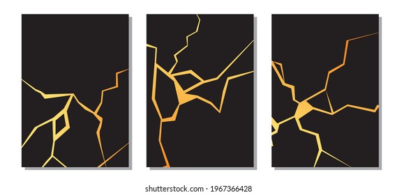 Kintsugi gold pattern poster set. Modern wall art. Cracks and texture of marble. Contemporary design of covers, prints, wallpapers. Vector flat illustration on a black background.