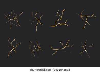 Líneas de ruptura simples de oro Kintsugi, crepitación geométrica asiática. Superficie con estampado de fisuras, efecto. Cubierta moderna de textura rota dorada.