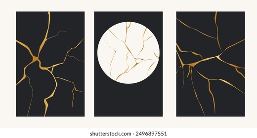 Kintsugi líneas de ruptura simples de oro, crepitar geométrico asiático. Superficie con impresión de grietas, efecto. Moderna cubierta de textura rota dorada.