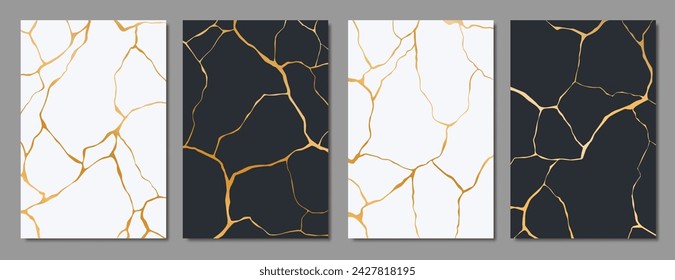 Kintsugi golden cracks, black and white marble texture pattern. Vector vertical backgrounds blending elegant veins with gold seams, embodying the Japanese art of embracing imperfections