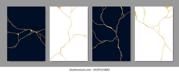 Kintsugi goldene Risse, Marmor Textur. Vektor schwarze und weiße vertikale Hintergründe mit goldenen eleganten Adern auf strukturierter Oberfläche, die Elastizität und Schönheit durch kunstvolle Umarmung von Unvollkommenheiten verkörpern