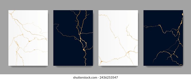 Kintsugi golden cracks texture on marble, backgrounds with pattern for vector tile. Broken marble effect with gold foil lines of crackles in black and white stone, Kintsugi or Kintsukuroi ceramic art