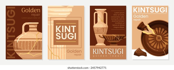 Kintsugi golden repair cracked antique pot and vase poster design template set vector illustration. Ancient historical ceramics pottery utensil with broken parts destruction restauration service