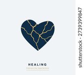 Kintsugi Heart Vector Illustration Symbolizing Healing, Resilience, and Embracing Imperfections: Navy Blue Broken Heart Repaired with Gold Cracks for Mental Health and Therapy Concepts